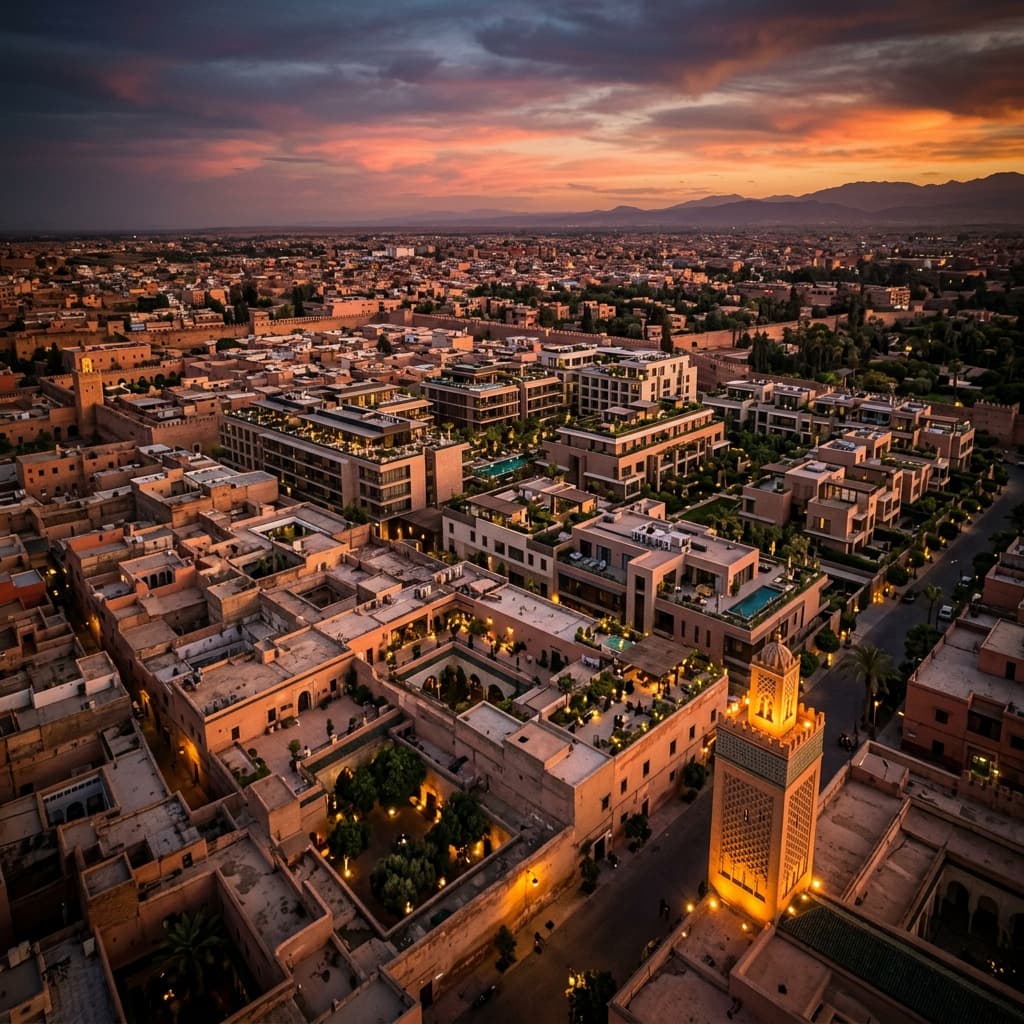 Vue aérienne d'une ville marocaine au crépuscule